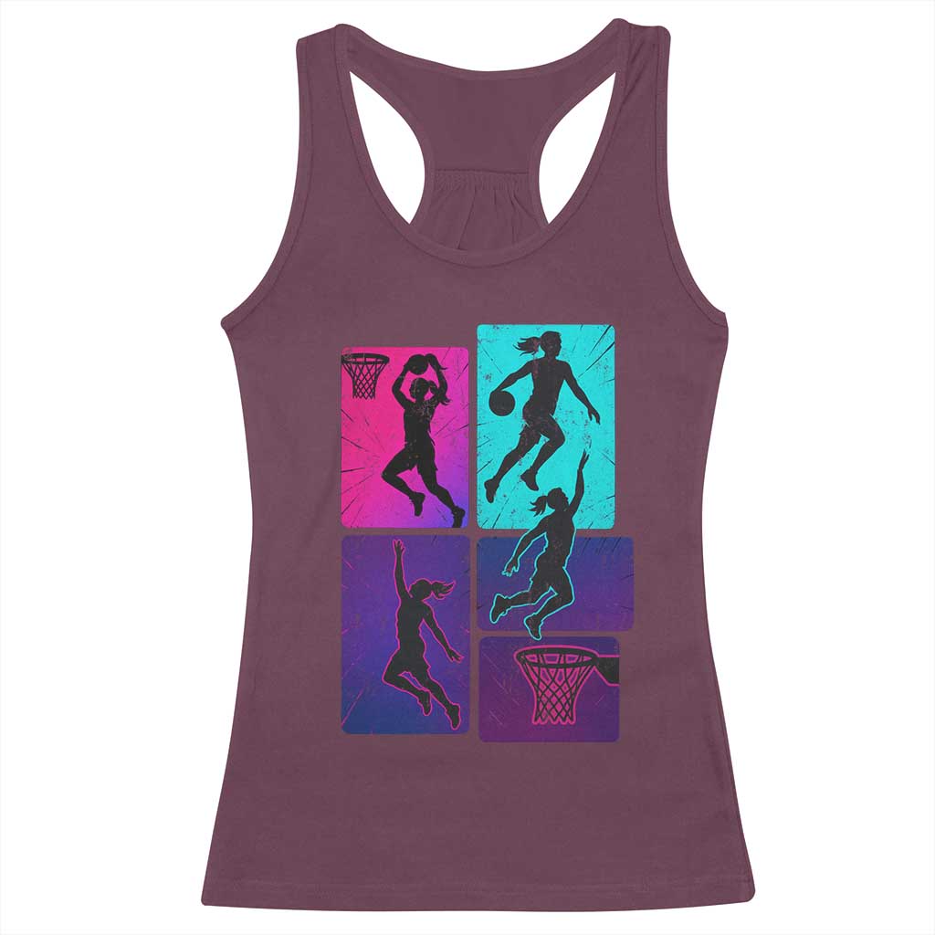 Basketball Girls Racerback Tank Top Retro Neon Girl Dunk Hoop Sports - Wonder Print Shop