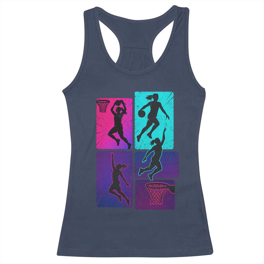 Basketball Girls Racerback Tank Top Retro Neon Girl Dunk Hoop Sports - Wonder Print Shop