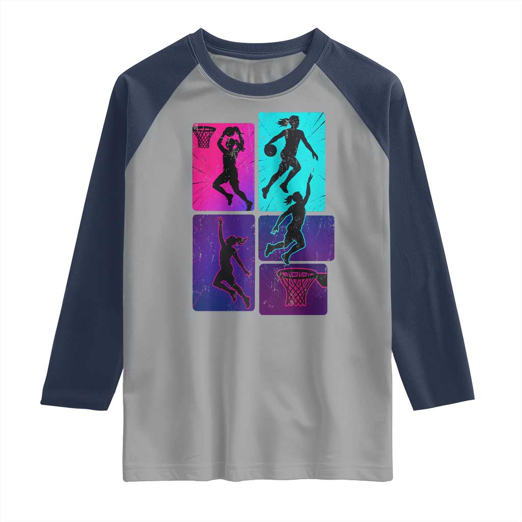 Basketball Girls Raglan Shirt Retro Neon Girl Dunk Hoop Sports - Wonder Print Shop