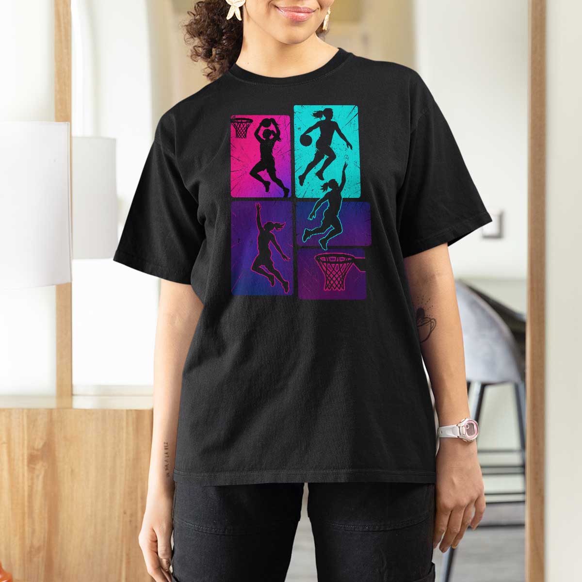 Basketball Girls T Shirt For Women Retro Neon Girl Dunk Hoop Sports - Wonder Print Shop
