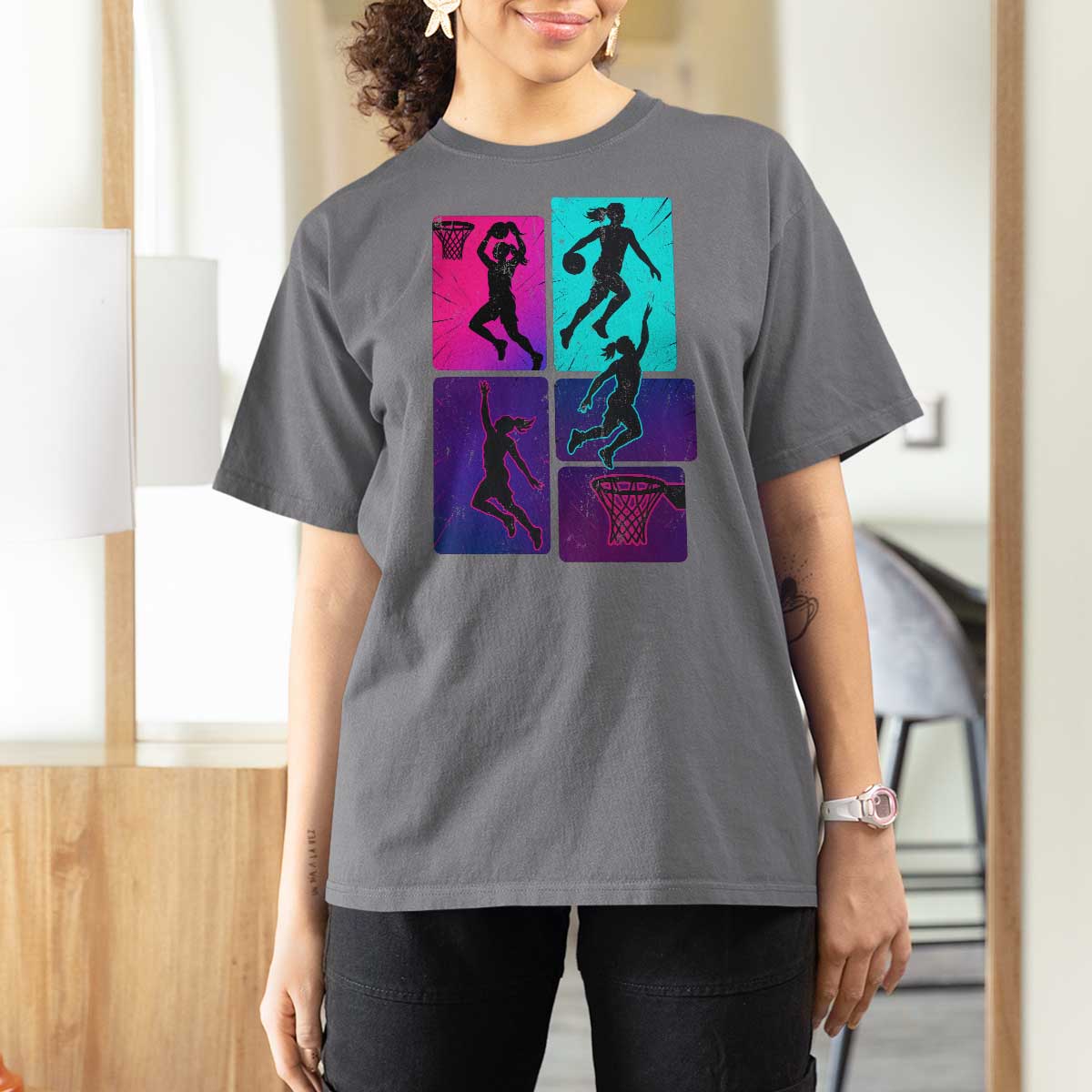 Basketball Girls T Shirt For Women Retro Neon Girl Dunk Hoop Sports - Wonder Print Shop