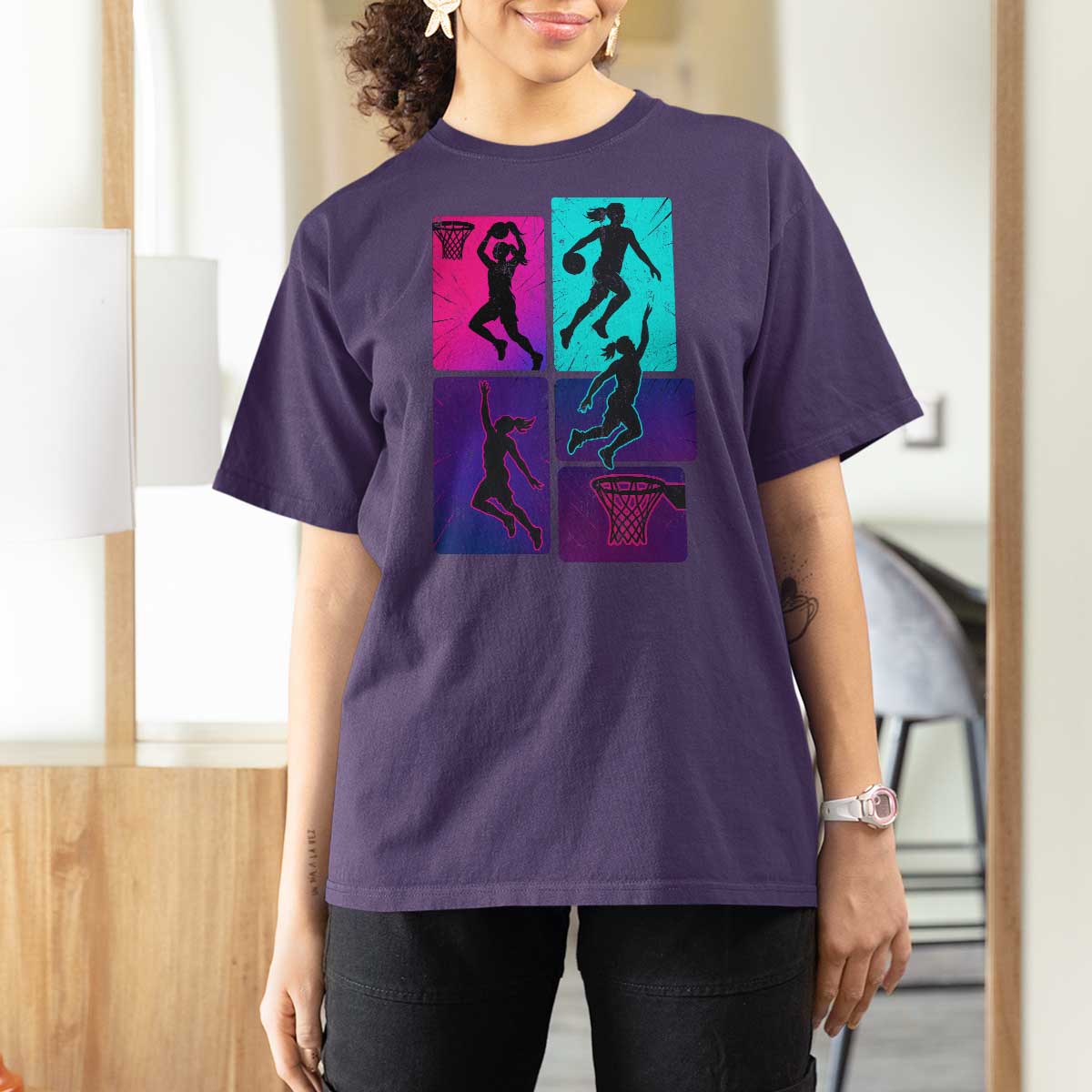 Basketball Girls T Shirt For Women Retro Neon Girl Dunk Hoop Sports - Wonder Print Shop
