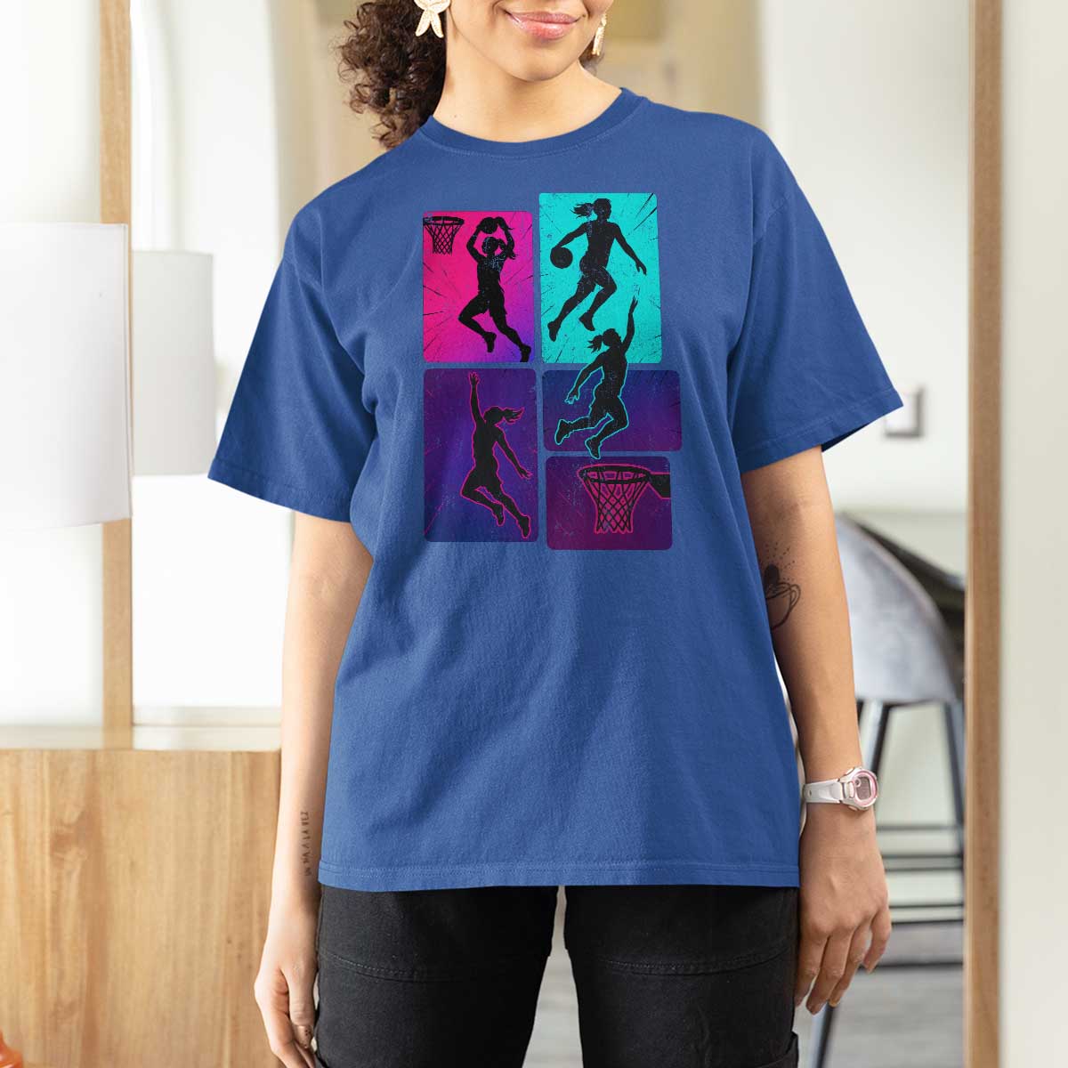 Basketball Girls T Shirt For Women Retro Neon Girl Dunk Hoop Sports - Wonder Print Shop