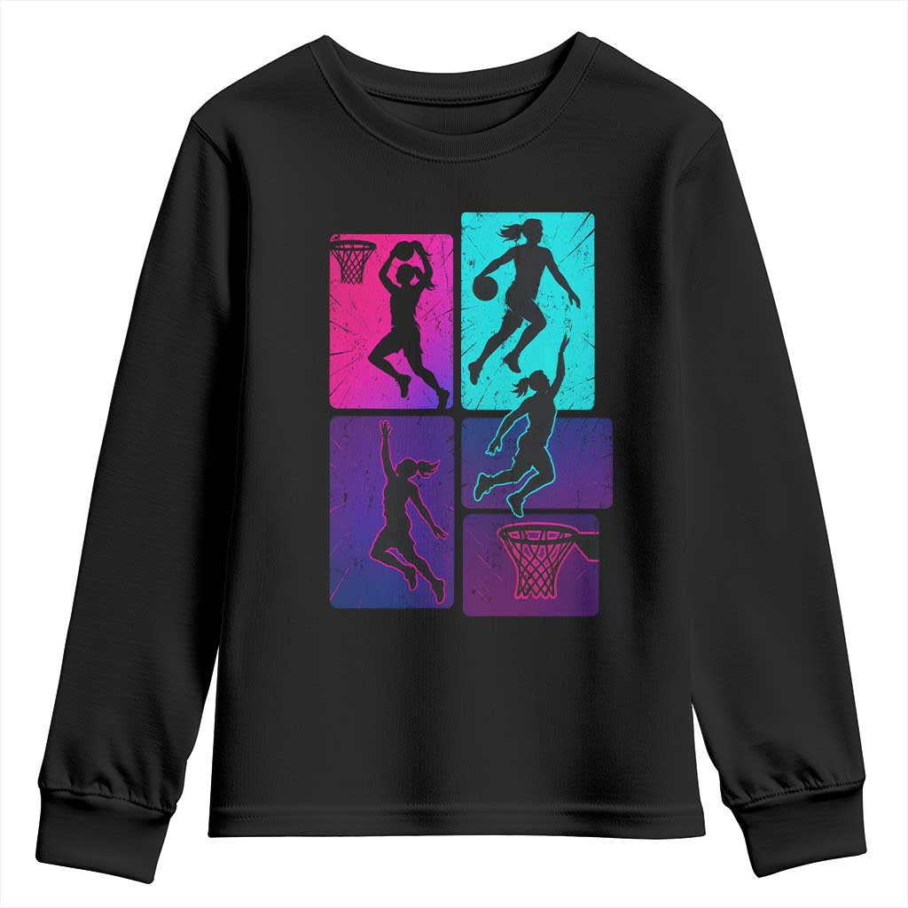 Basketball Girls Youth Sweatshirt Retro Neon Girl Dunk Hoop Sports - Wonder Print Shop