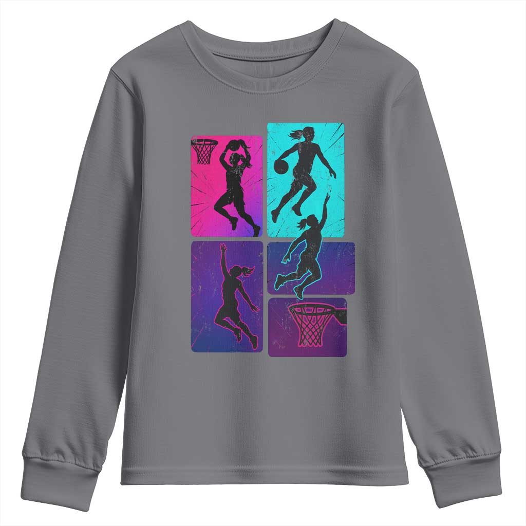 Basketball Girls Youth Sweatshirt Retro Neon Girl Dunk Hoop Sports - Wonder Print Shop