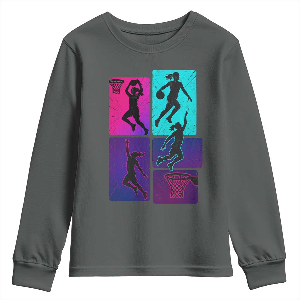 Basketball Girls Youth Sweatshirt Retro Neon Girl Dunk Hoop Sports - Wonder Print Shop