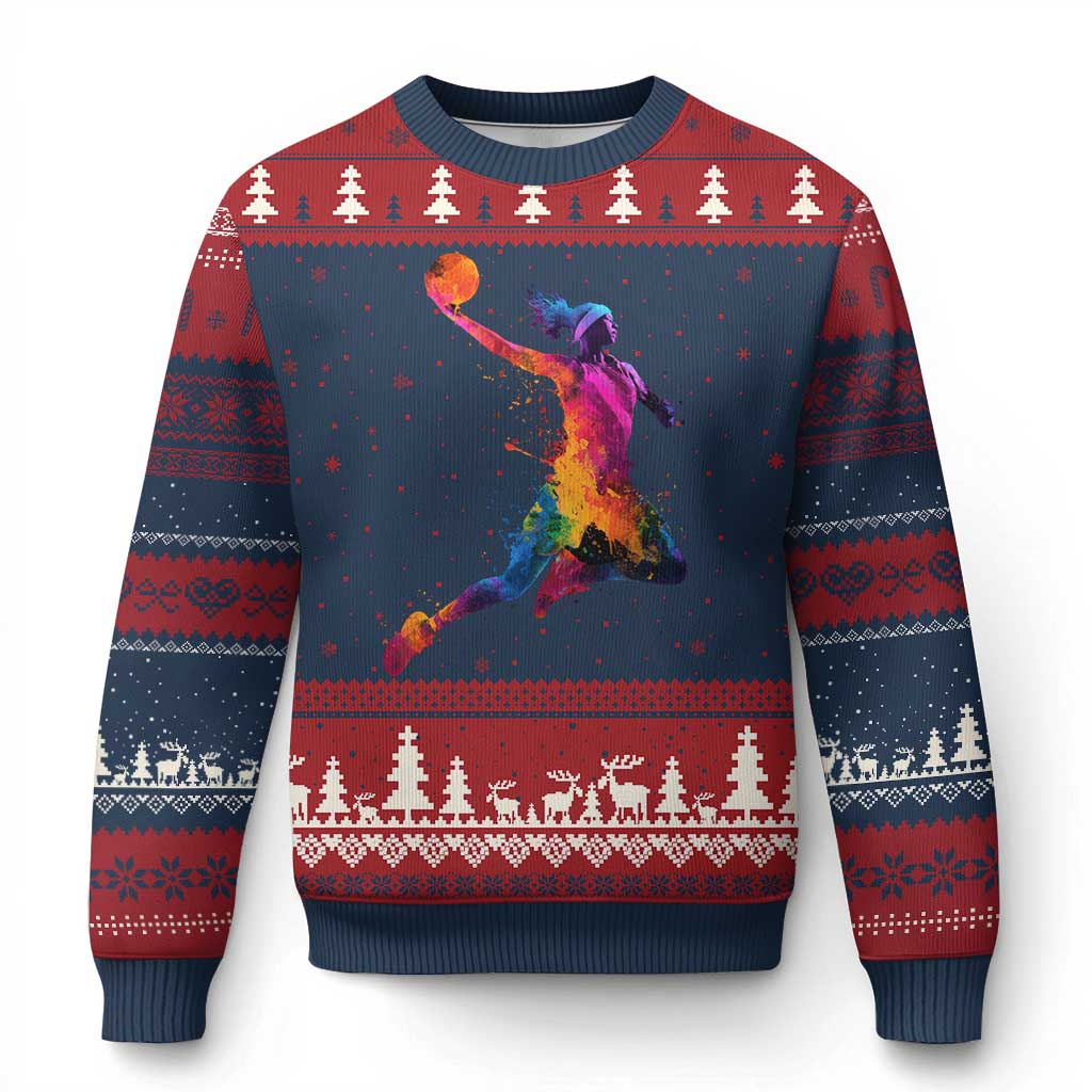 Basketball Girls Ugly Christmas Sweater Retro Vintage Watercolors Sport Splash Hoop Net Slam Dunk - Wonder Print Shop