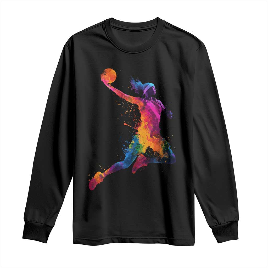 Basketball Girls Long Sleeve Shirt Retro Vintage Watercolors Sport Splash Hoop Net Slam Dunk - Wonder Print Shop