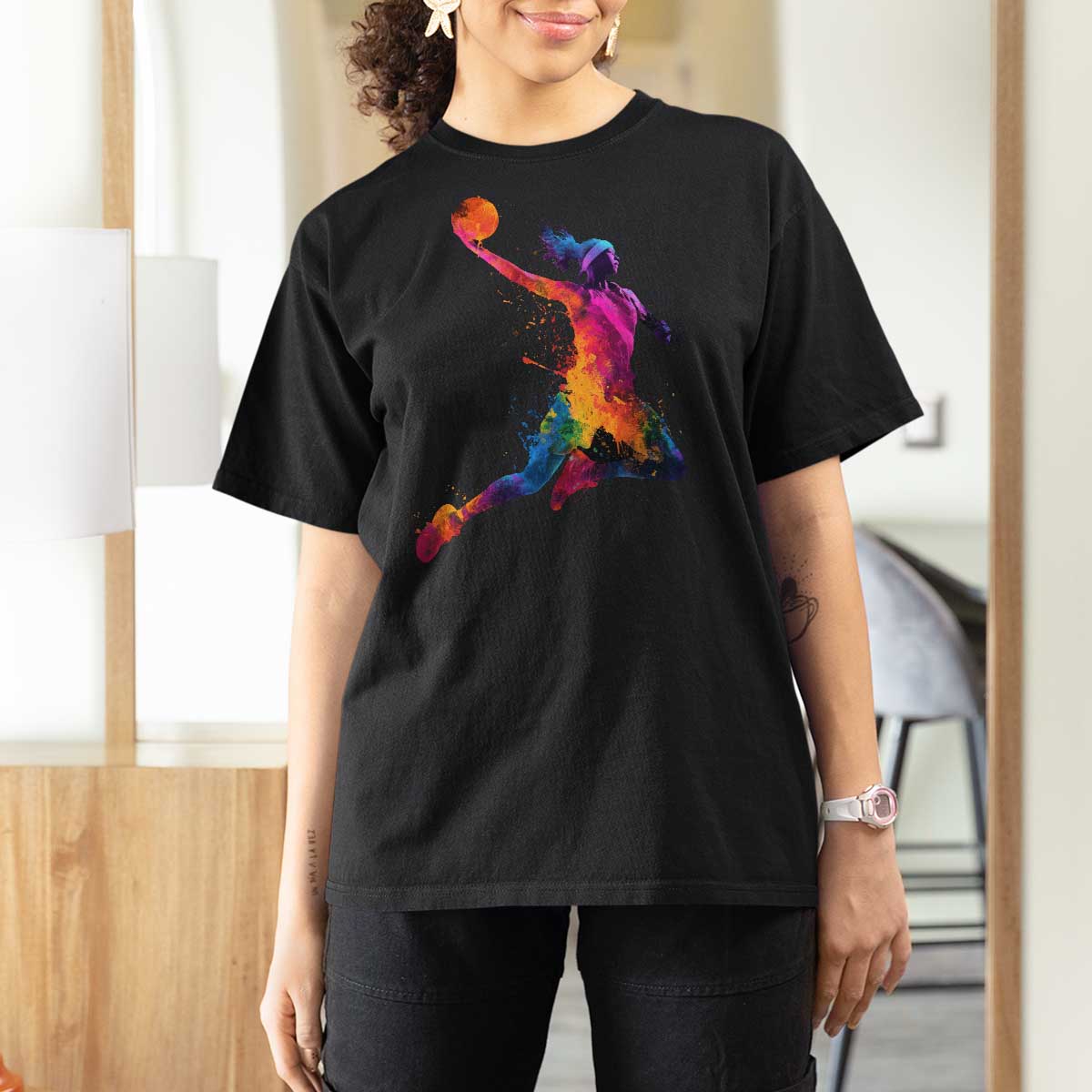 Basketball Girls T Shirt For Women Retro Vintage Watercolors Sport Splash Hoop Net Slam Dunk - Wonder Print Shop