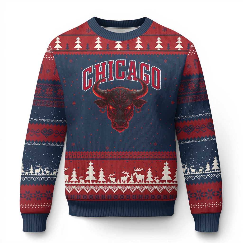 Retro Chicago Ugly Christmas Sweater Bulls Mascot Team Spirit Vintage Basketball Fan - Wonder Print Shop