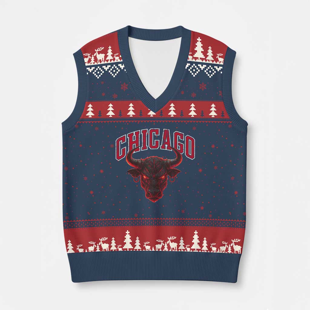 Retro Chicago V-Neck Knit Sweater Vest Bulls Mascot Team Spirit Vintage Basketball Fan - Wonder Print Shop