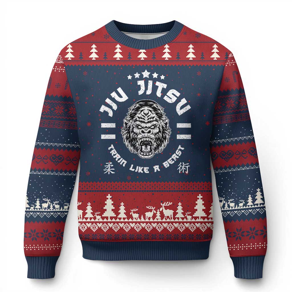 Brazilian Jiu Jitsu Ugly Christmas Sweater Train Like A Beast Vintage BJJ Grappling Gorilla - Wonder Print Shop