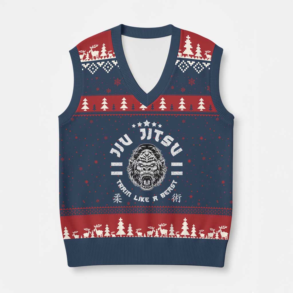 Brazilian Jiu Jitsu V-Neck Knit Sweater Vest Train Like A Beast Vintage BJJ Grappling Gorilla - Wonder Print Shop