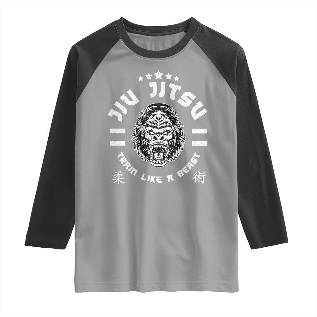 Brazilian Jiu Jitsu Raglan Shirt Train Like A Beast Vintage BJJ Grappling Gorilla - Wonder Print Shop