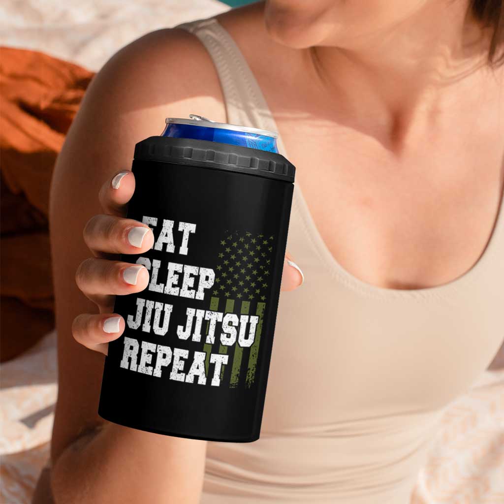 Eat Sleep Jiu Jitsu Repeat 4 in 1 Can Cooler Tumbler Cool JiuJitsu BJJ American Flag - Wonder Print Shop
