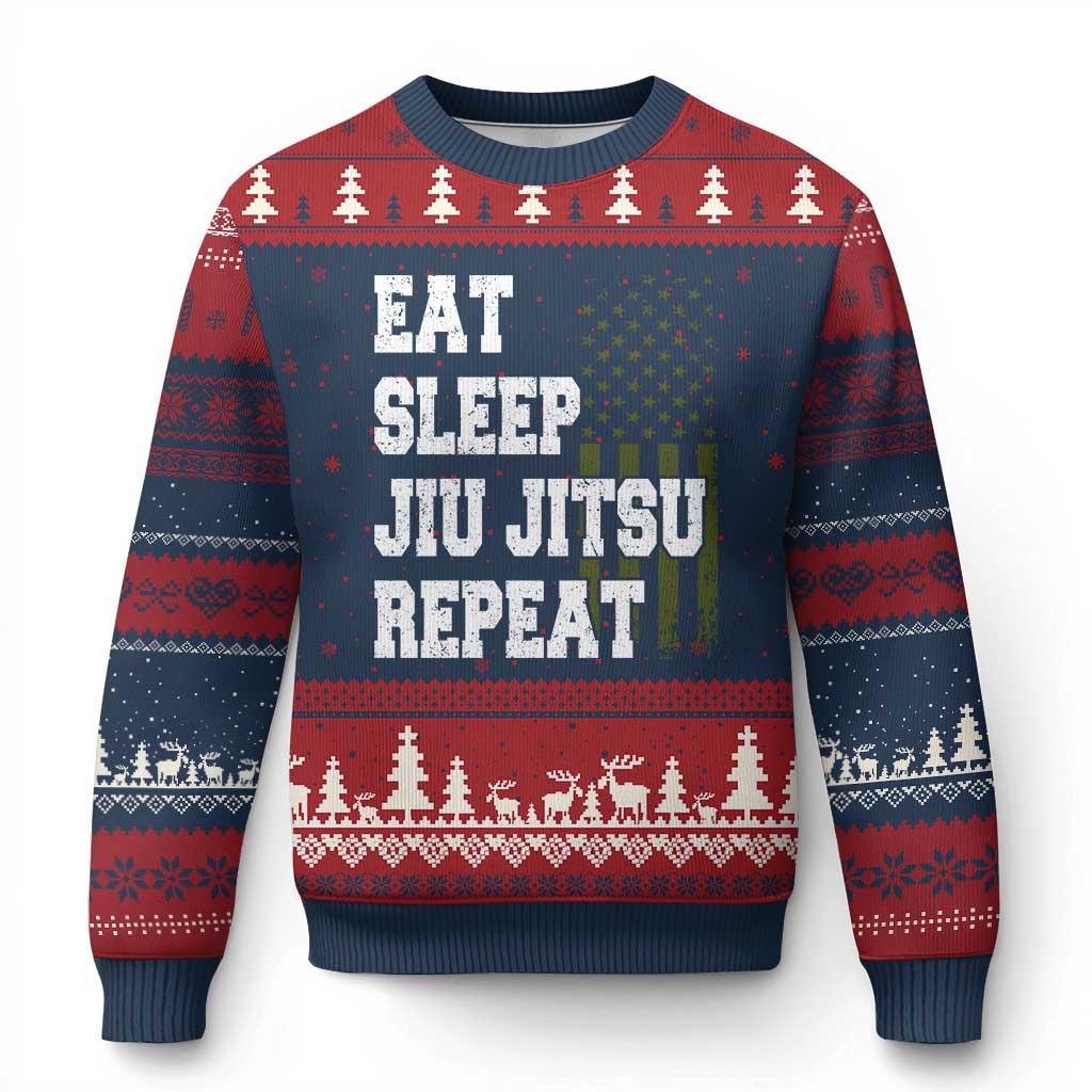 Eat Sleep Jiu Jitsu Repeat Ugly Christmas Sweater Cool JiuJitsu BJJ American Flag - Wonder Print Shop