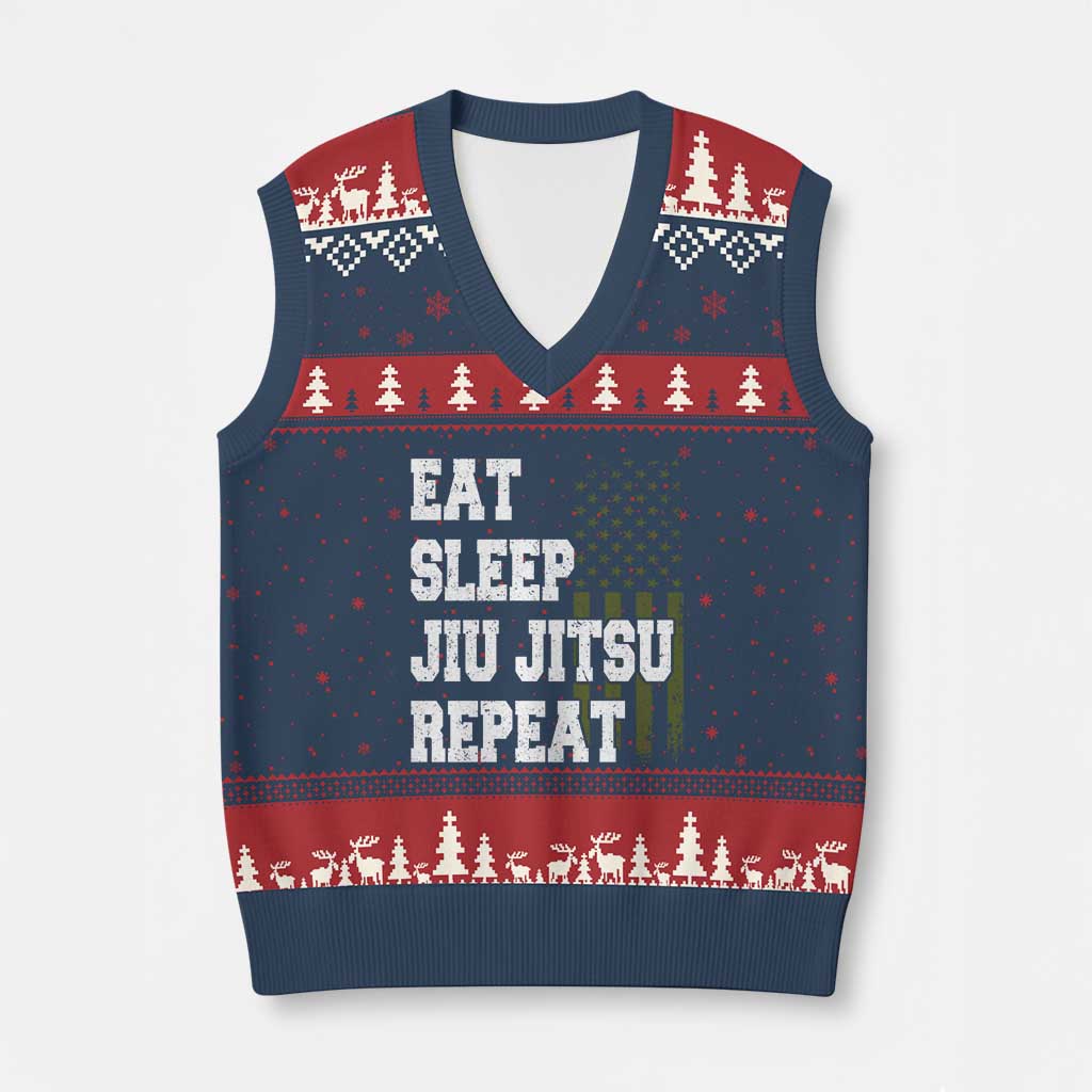 Eat Sleep Jiu Jitsu Repeat V-Neck Knit Sweater Vest Cool JiuJitsu BJJ American Flag - Wonder Print Shop