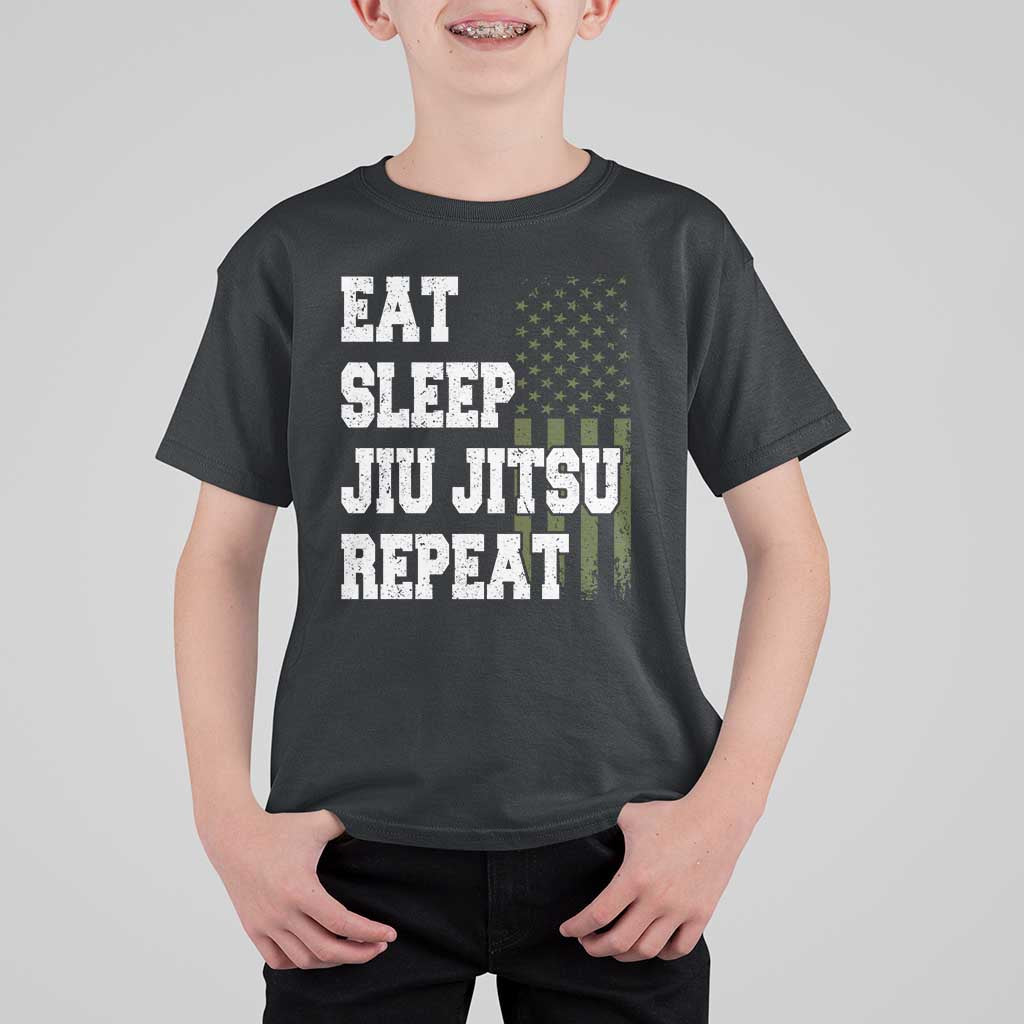 Eat Sleep Jiu Jitsu Repeat T Shirt For Kid Cool JiuJitsu BJJ American Flag - Wonder Print Shop