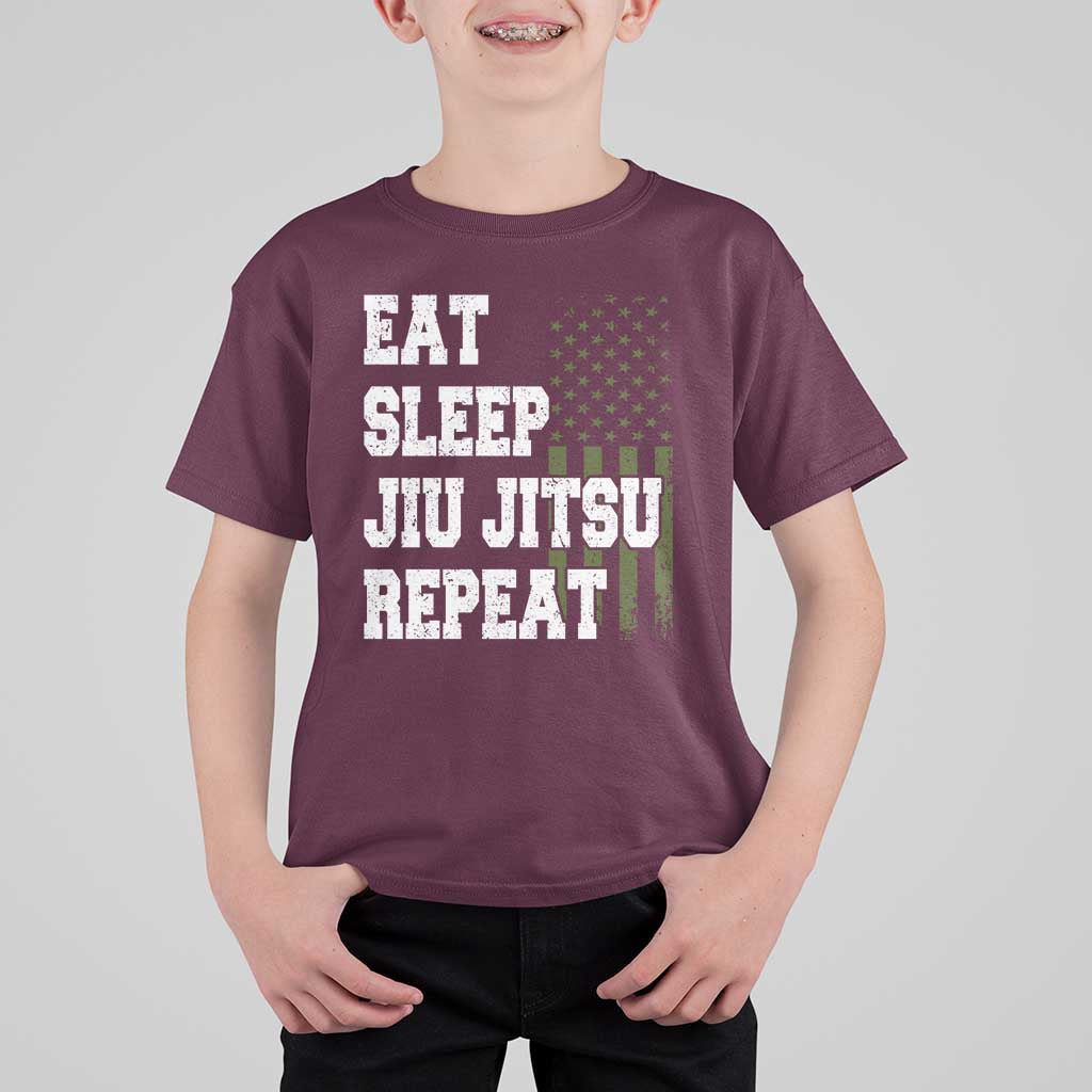 Eat Sleep Jiu Jitsu Repeat T Shirt For Kid Cool JiuJitsu BJJ American Flag - Wonder Print Shop