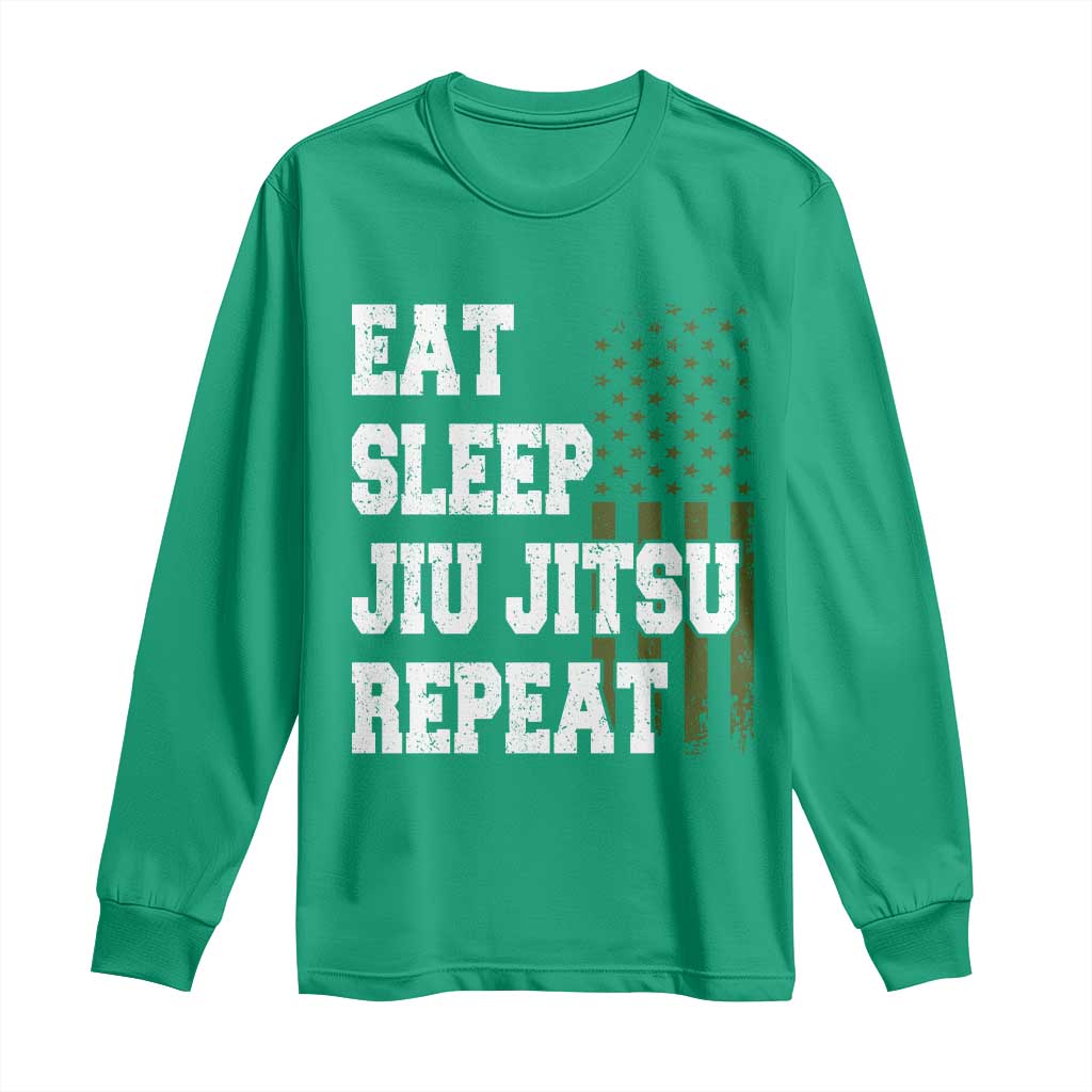 Eat Sleep Jiu Jitsu Repeat Long Sleeve Shirt Cool JiuJitsu BJJ American Flag - Wonder Print Shop
