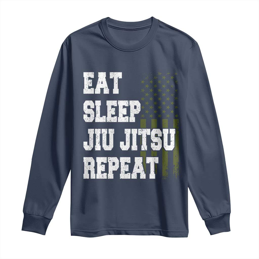 Eat Sleep Jiu Jitsu Repeat Long Sleeve Shirt Cool JiuJitsu BJJ American Flag - Wonder Print Shop