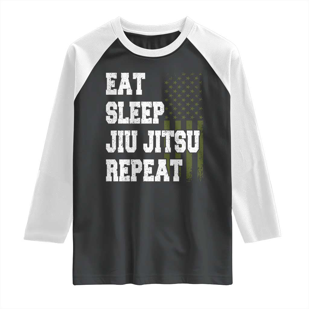 Eat Sleep Jiu Jitsu Repeat Raglan Shirt Cool JiuJitsu BJJ American Flag - Wonder Print Shop
