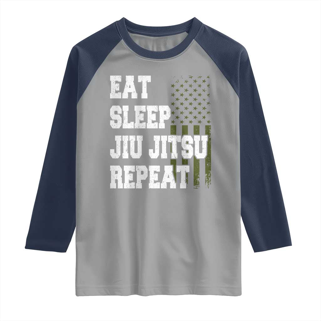 Eat Sleep Jiu Jitsu Repeat Raglan Shirt Cool JiuJitsu BJJ American Flag - Wonder Print Shop
