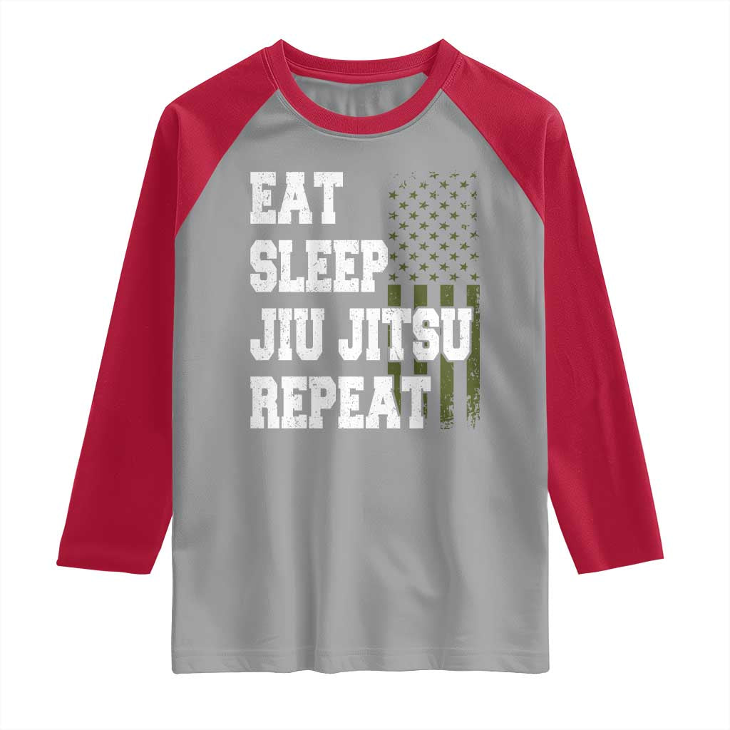 Eat Sleep Jiu Jitsu Repeat Raglan Shirt Cool JiuJitsu BJJ American Flag - Wonder Print Shop