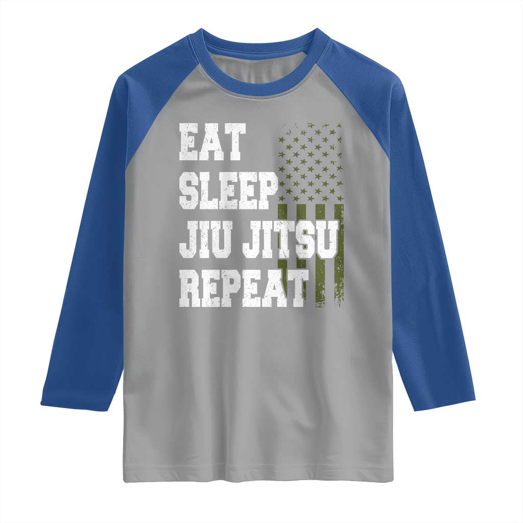 Eat Sleep Jiu Jitsu Repeat Raglan Shirt Cool JiuJitsu BJJ American Flag - Wonder Print Shop