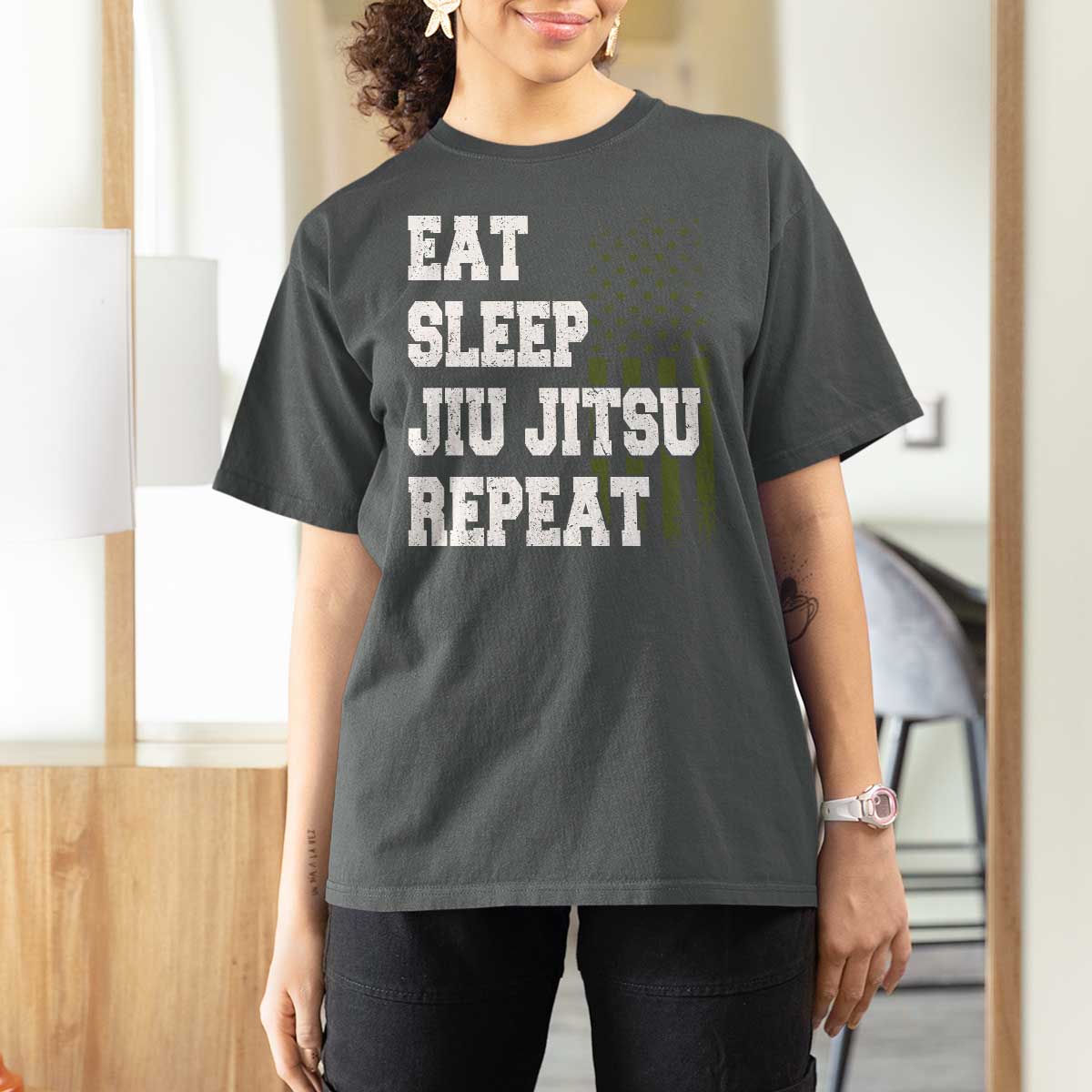 Eat Sleep Jiu Jitsu Repeat T Shirt For Women Cool JiuJitsu BJJ American Flag - Wonder Print Shop