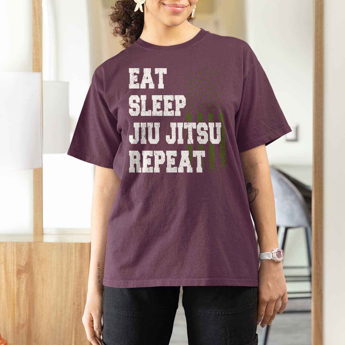 Eat Sleep Jiu Jitsu Repeat T Shirt For Women Cool JiuJitsu BJJ American Flag - Wonder Print Shop