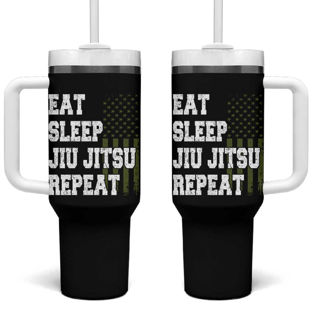 Eat Sleep Jiu Jitsu Repeat Tumbler With Handle Cool JiuJitsu BJJ American Flag - Wonder Print Shop