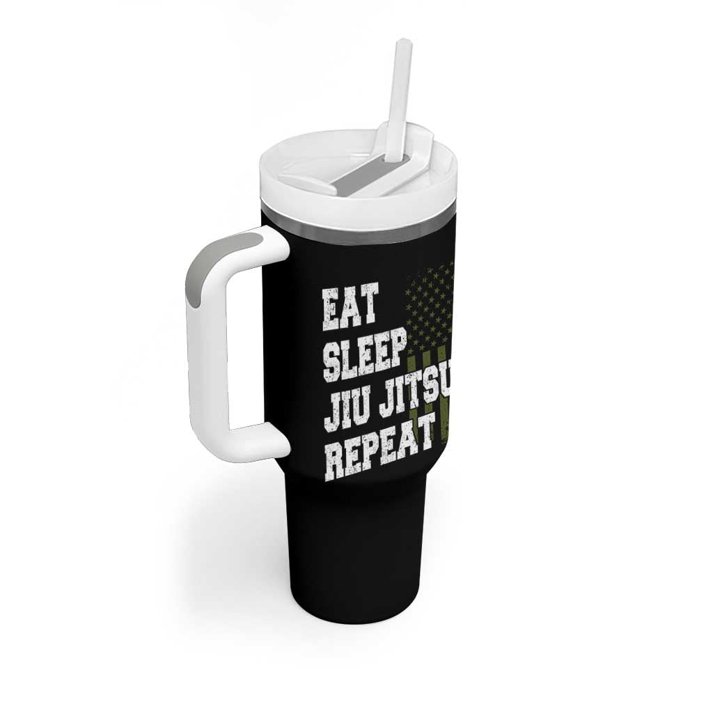 Eat Sleep Jiu Jitsu Repeat Tumbler With Handle Cool JiuJitsu BJJ American Flag - Wonder Print Shop