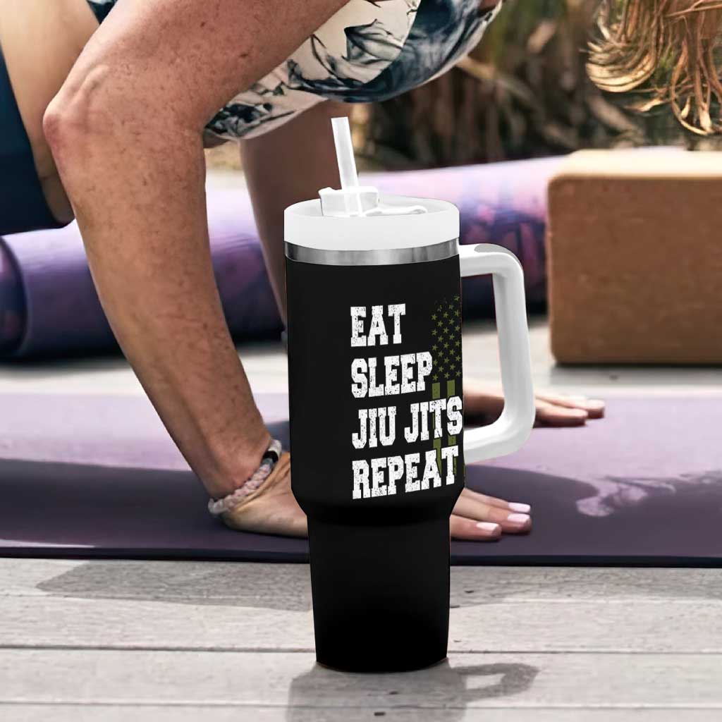 Eat Sleep Jiu Jitsu Repeat Tumbler With Handle Cool JiuJitsu BJJ American Flag - Wonder Print Shop