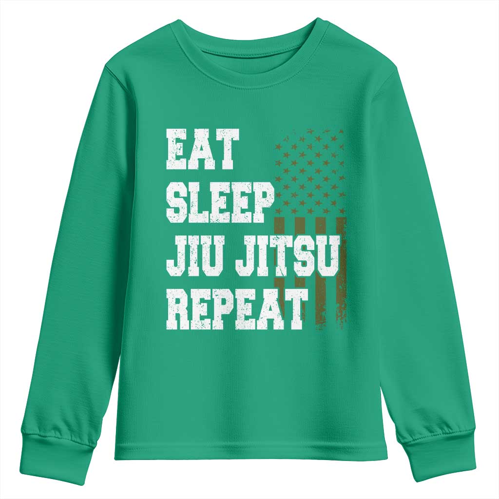 Eat Sleep Jiu Jitsu Repeat Youth Sweatshirt Cool JiuJitsu BJJ American Flag - Wonder Print Shop