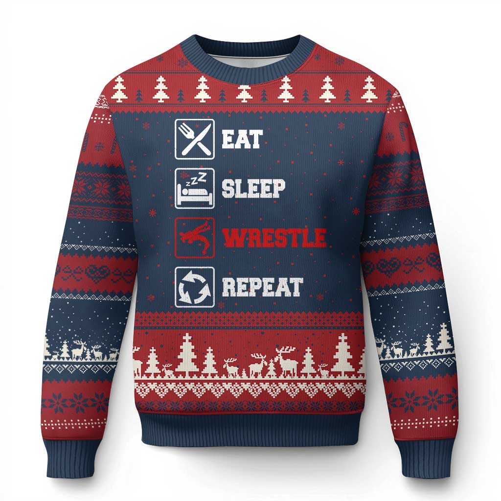 Eat Sleep Wrestle Repeat Ugly Christmas Sweater Funny Wrestling Gym - Wonder Print Shop