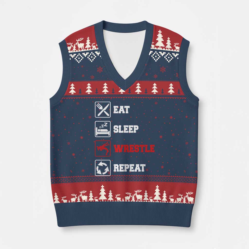 Eat Sleep Wrestle Repeat V-Neck Knit Sweater Vest Funny Wrestling Gym - Wonder Print Shop