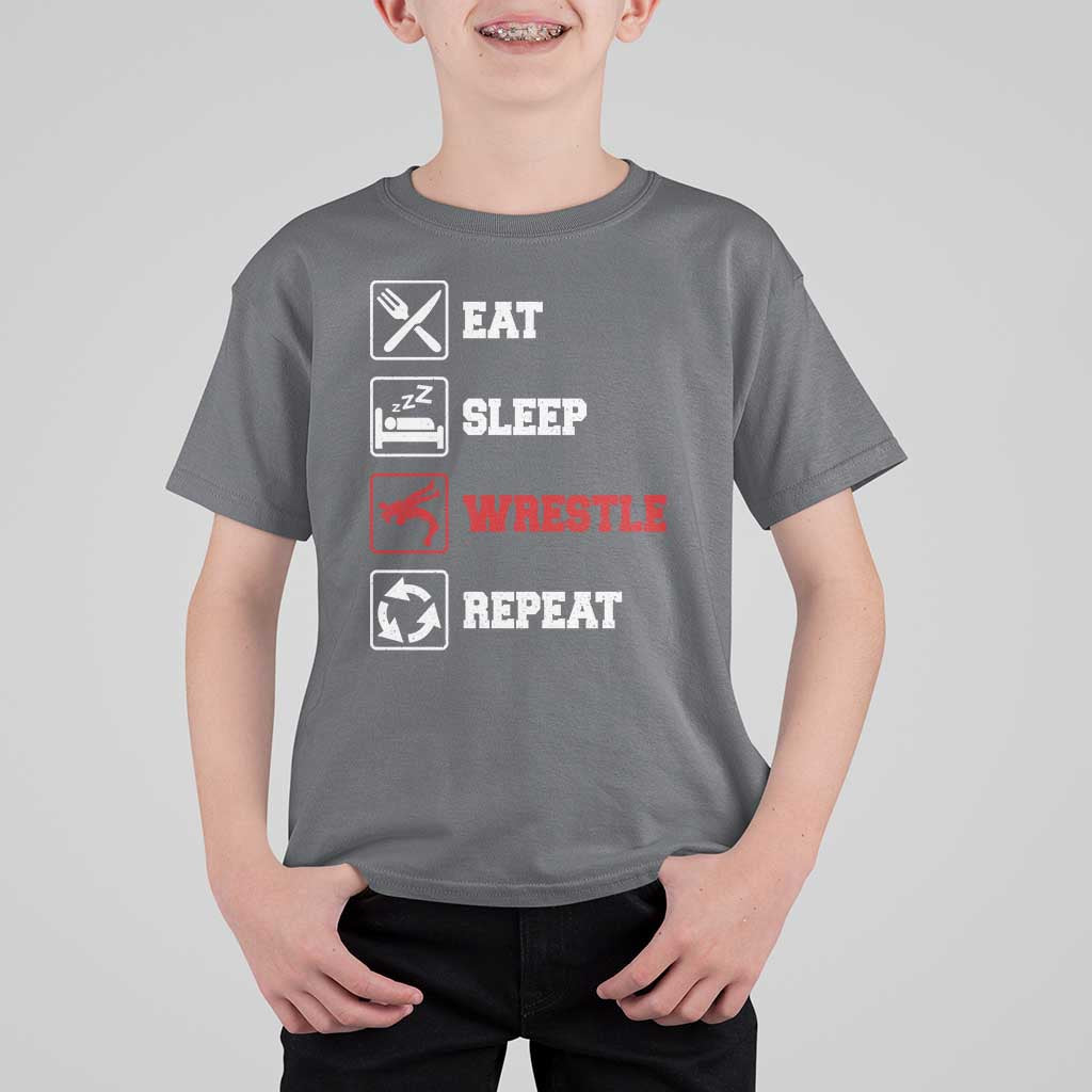 Eat Sleep Wrestle Repeat T Shirt For Kid Funny Wrestling Gym - Wonder Print Shop