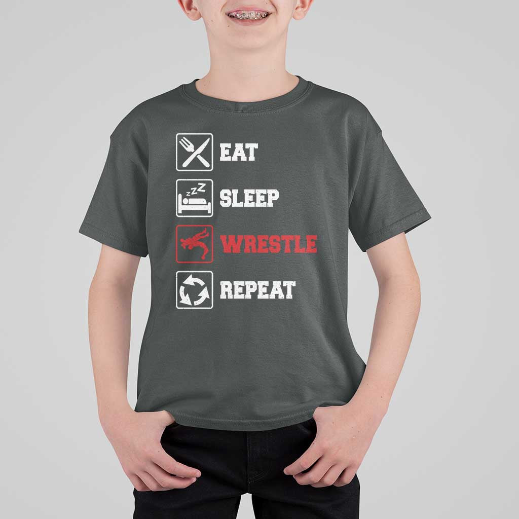 Eat Sleep Wrestle Repeat T Shirt For Kid Funny Wrestling Gym - Wonder Print Shop