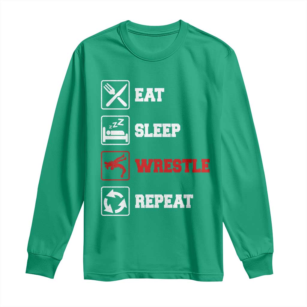 Eat Sleep Wrestle Repeat Long Sleeve Shirt Funny Wrestling Gym - Wonder Print Shop