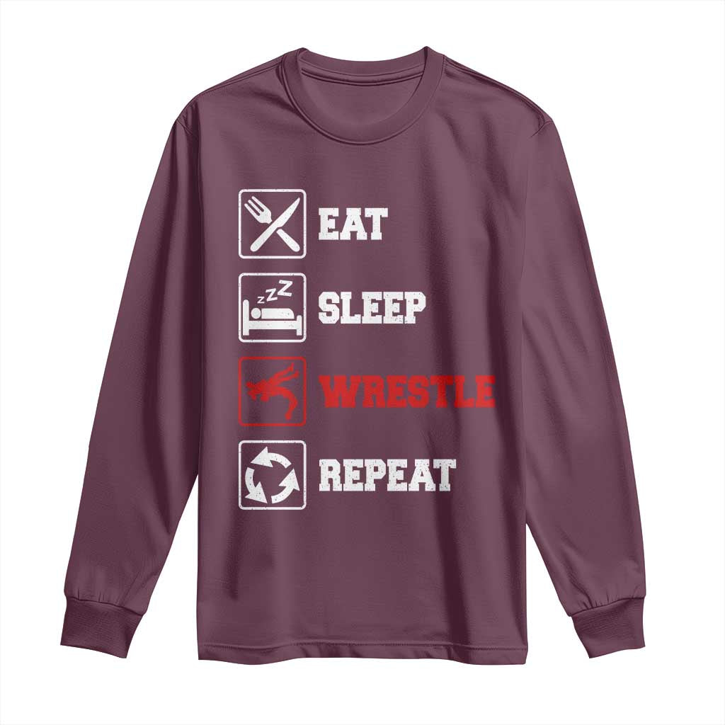 Eat Sleep Wrestle Repeat Long Sleeve Shirt Funny Wrestling Gym - Wonder Print Shop