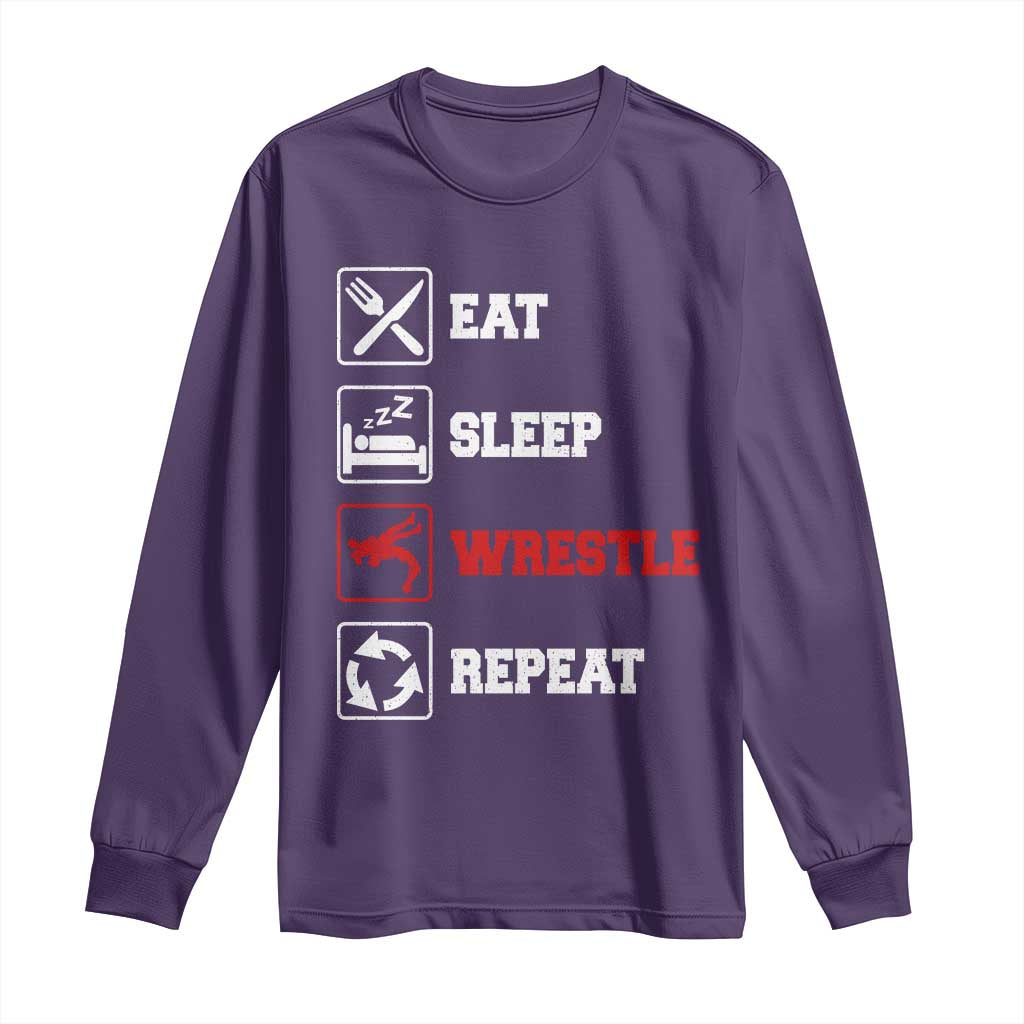 Eat Sleep Wrestle Repeat Long Sleeve Shirt Funny Wrestling Gym - Wonder Print Shop