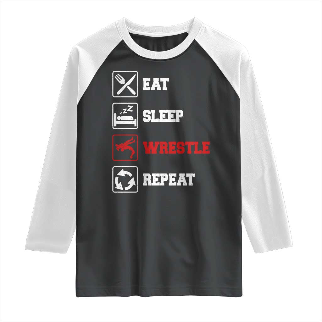 Eat Sleep Wrestle Repeat Raglan Shirt Funny Wrestling Gym - Wonder Print Shop