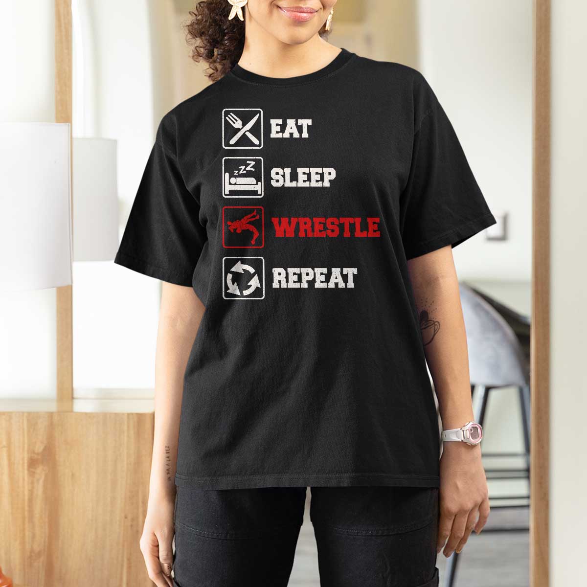 Eat Sleep Wrestle Repeat T Shirt For Women Funny Wrestling Gym - Wonder Print Shop
