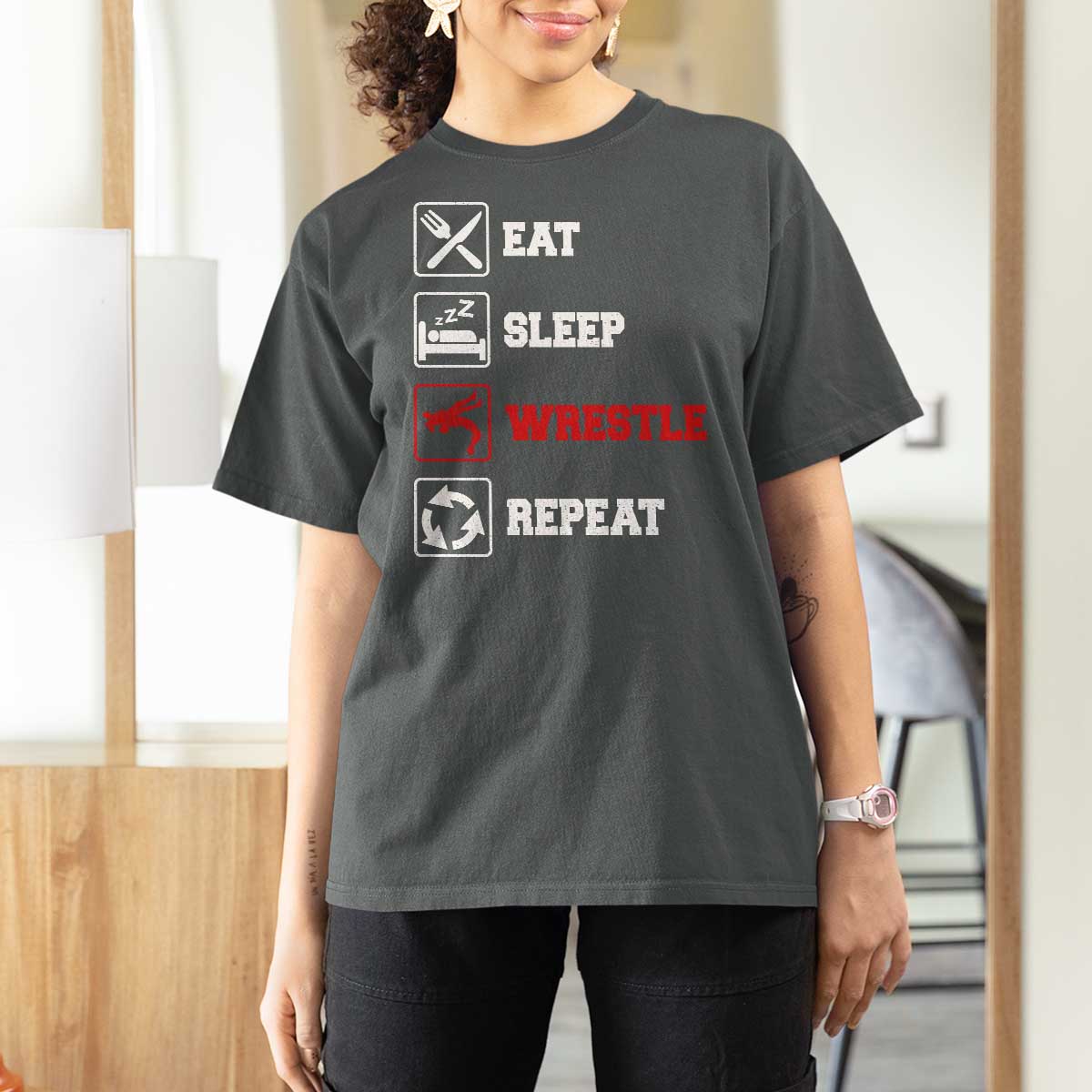 Eat Sleep Wrestle Repeat T Shirt For Women Funny Wrestling Gym - Wonder Print Shop