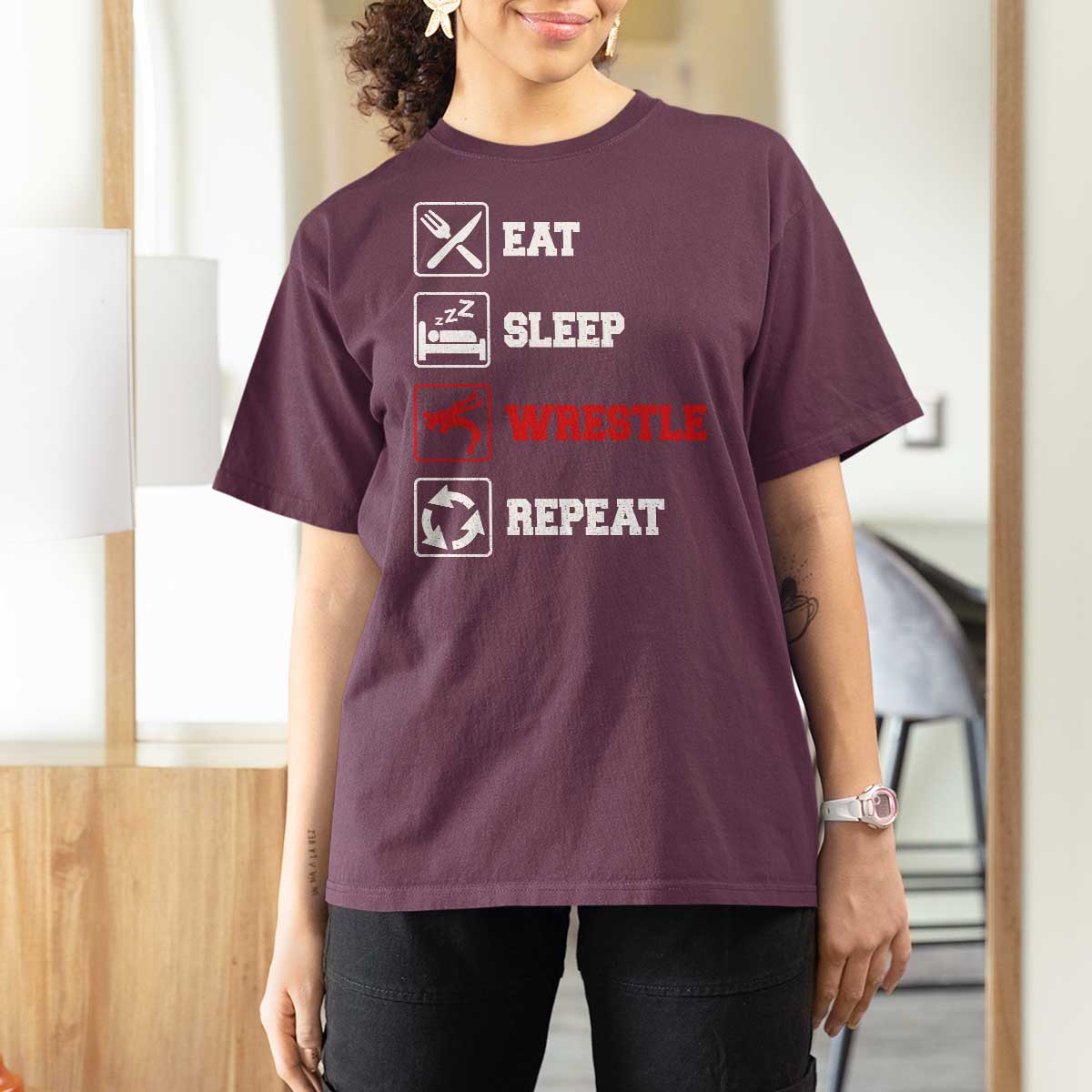 Eat Sleep Wrestle Repeat T Shirt For Women Funny Wrestling Gym - Wonder Print Shop