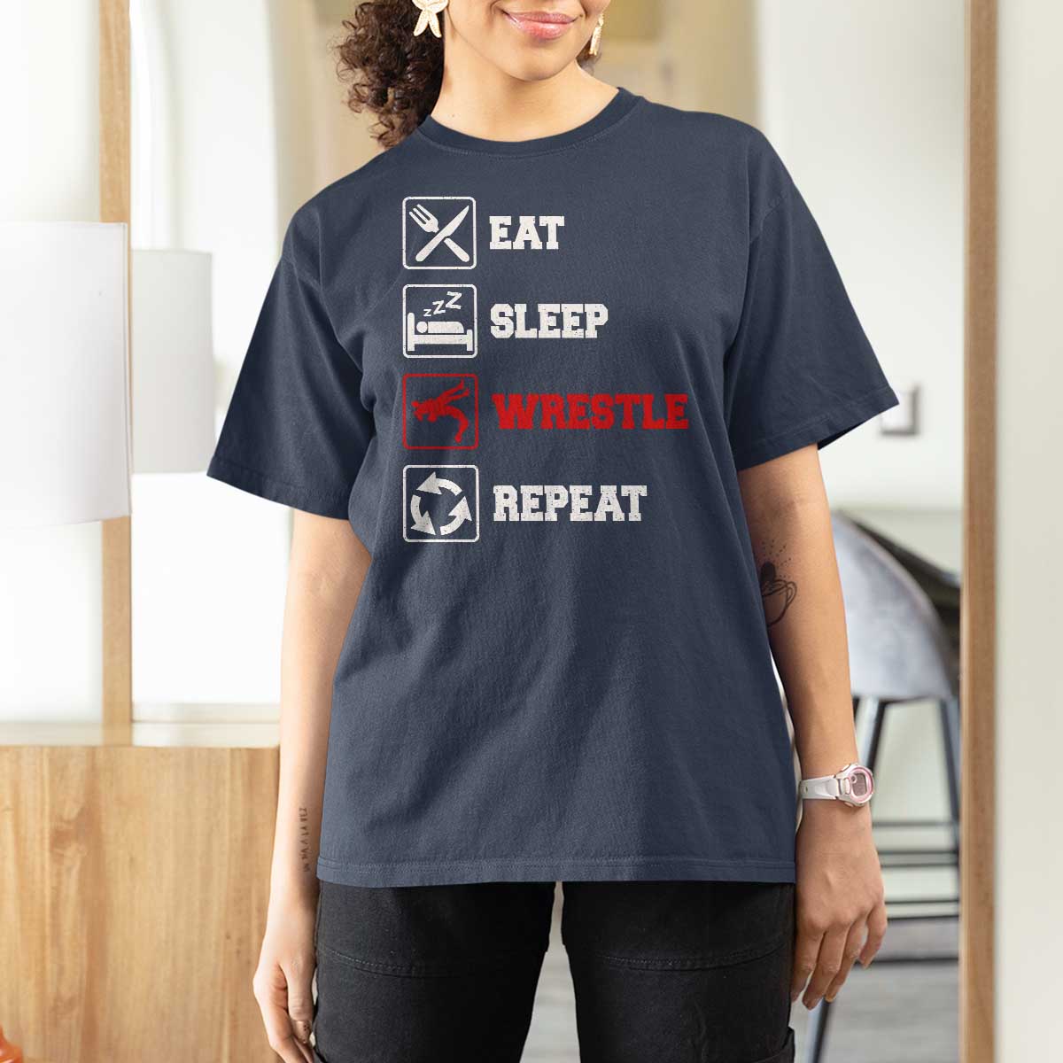 Eat Sleep Wrestle Repeat T Shirt For Women Funny Wrestling Gym - Wonder Print Shop