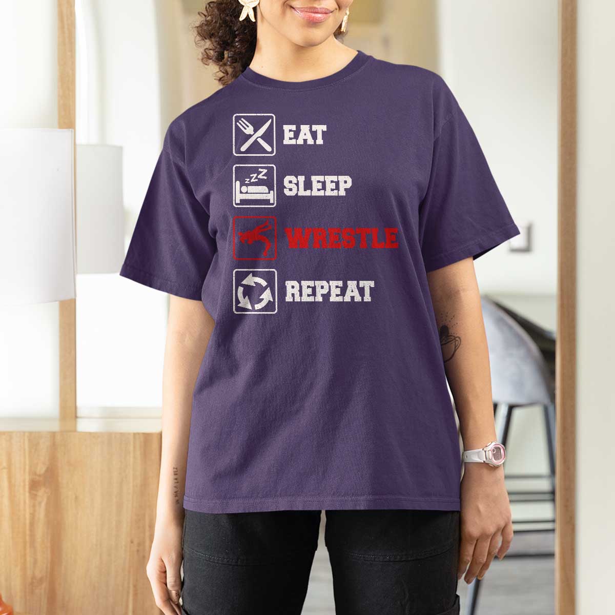Eat Sleep Wrestle Repeat T Shirt For Women Funny Wrestling Gym - Wonder Print Shop