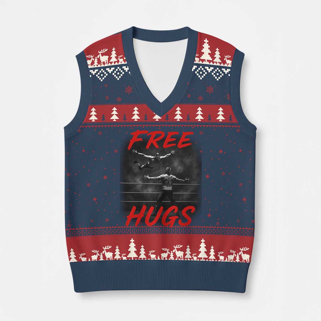 Free Hugs Wrestling V-Neck Knit Sweater Vest Funny Luchador Mexican Wrestler - Wonder Print Shop