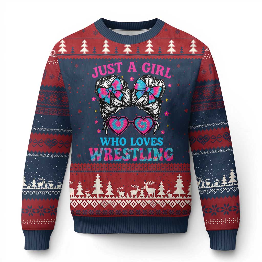 Just A Girl Who Loves Wrestling Ugly Christmas Sweater Funny Wrestle Lover Wrestler Messy Bun - Wonder Print Shop